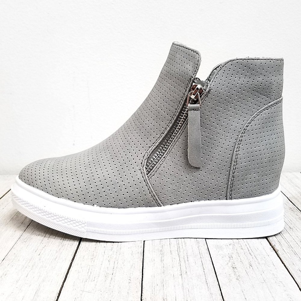 New Gray Perforated Wedge Platform Sneakers - Picture 2 of 5